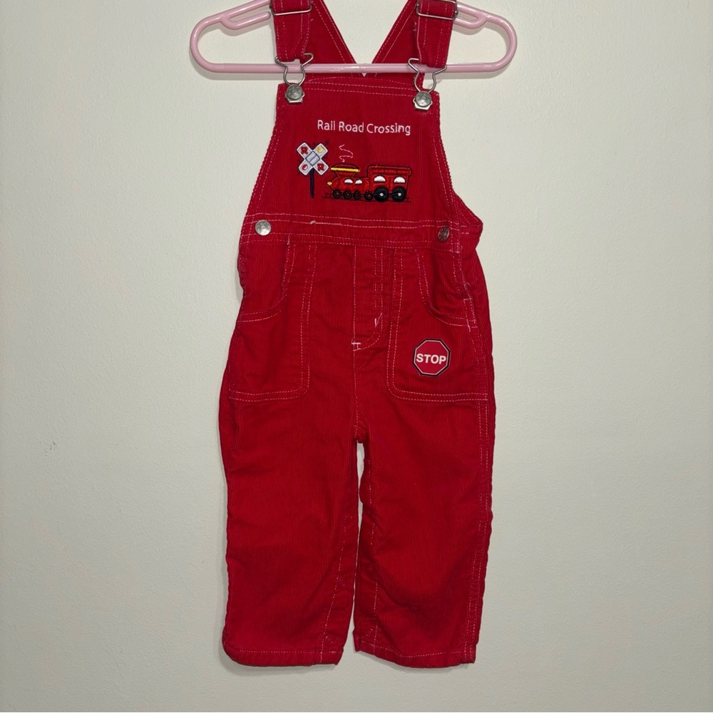 Red Kids Overalls with Embroidered Train Design